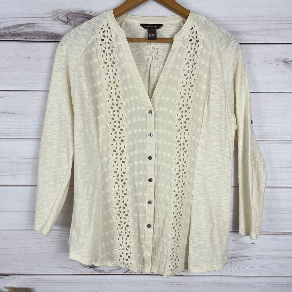 Women's Bit & Bridle Button Front Eyelet Blouse Size Medium 100% Cotton